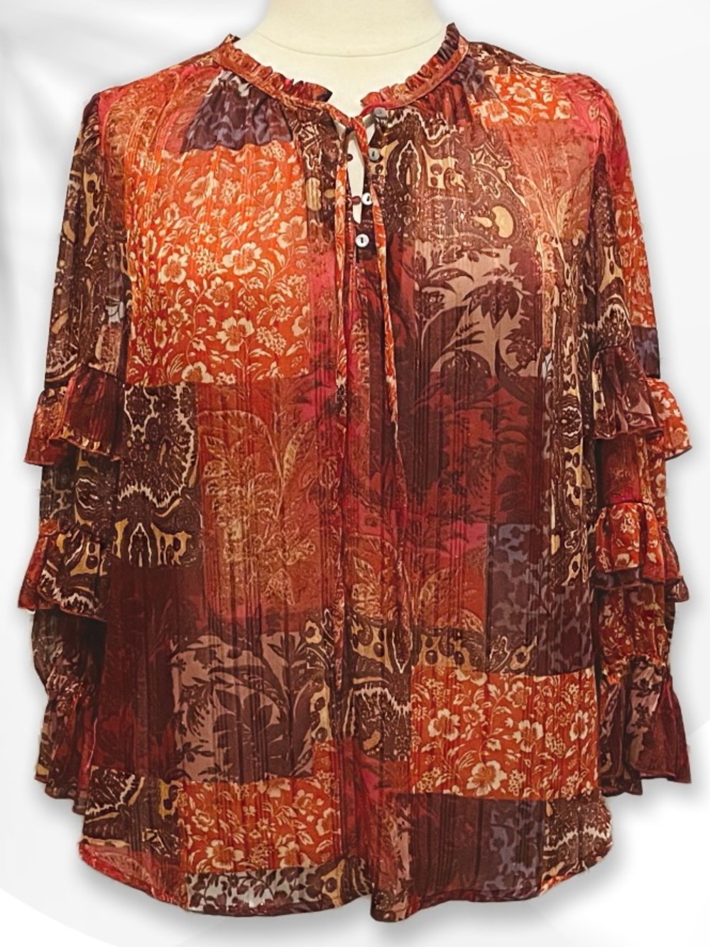 FRYE AND CO. Patchwork Floral Peasant Blouse 1X